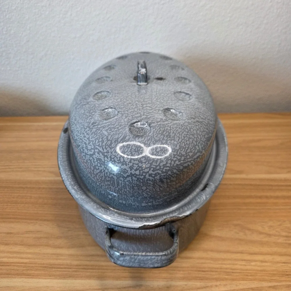 Vintage Gray Enamelware Graniteware Double Handled Roasting Pan Handled Lid
